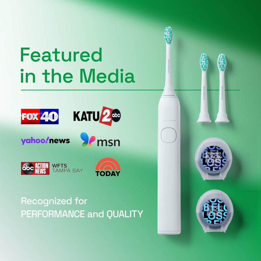 Brushmo brush heads staged in bathroom showing everyday oral-care benefit
