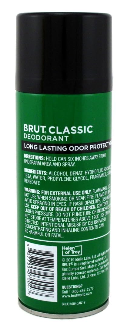 Hand holding one Brut 10oz aerosol can for scale and convenient daily use