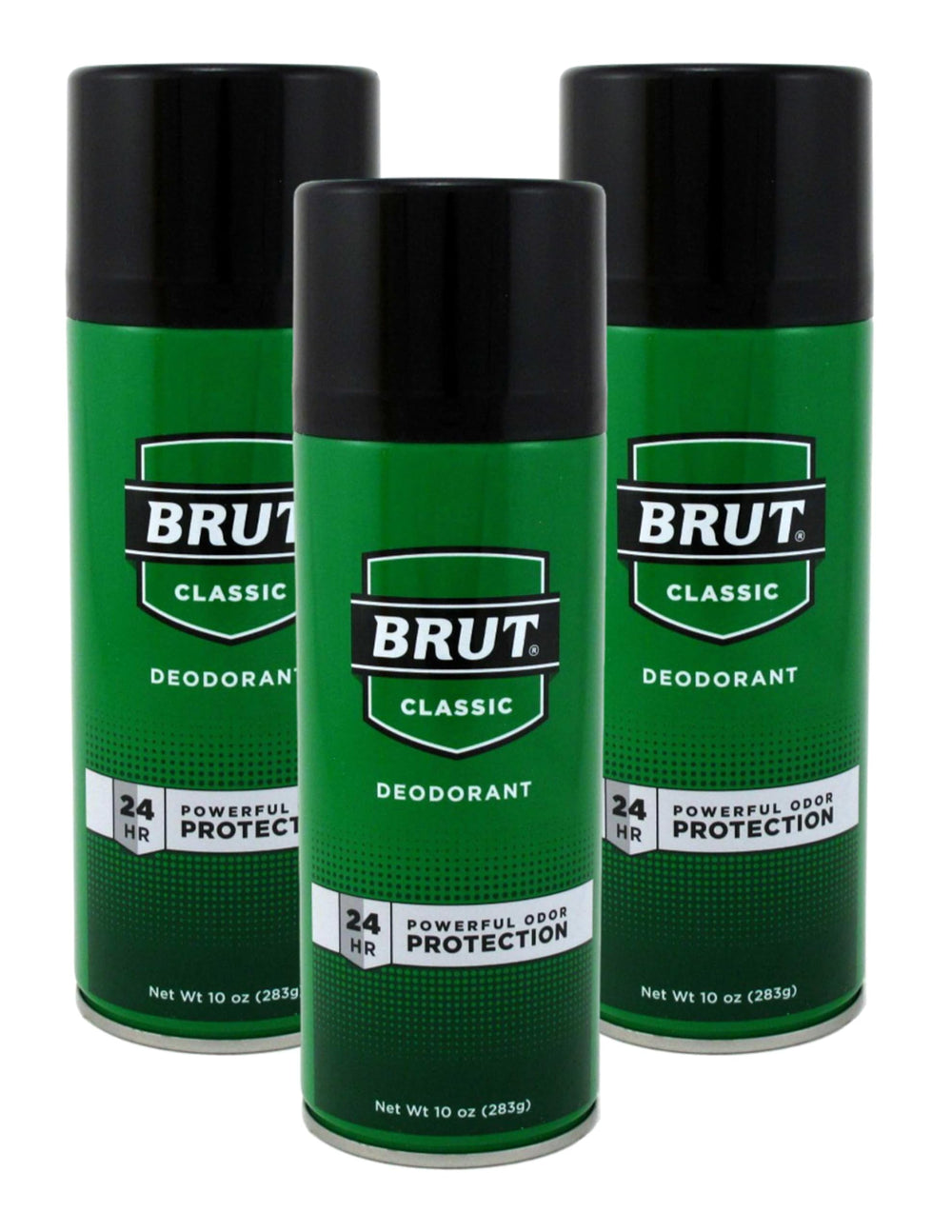 Brut aerosol cans on bathroom shelf conveying organized grooming and long-lasting protection