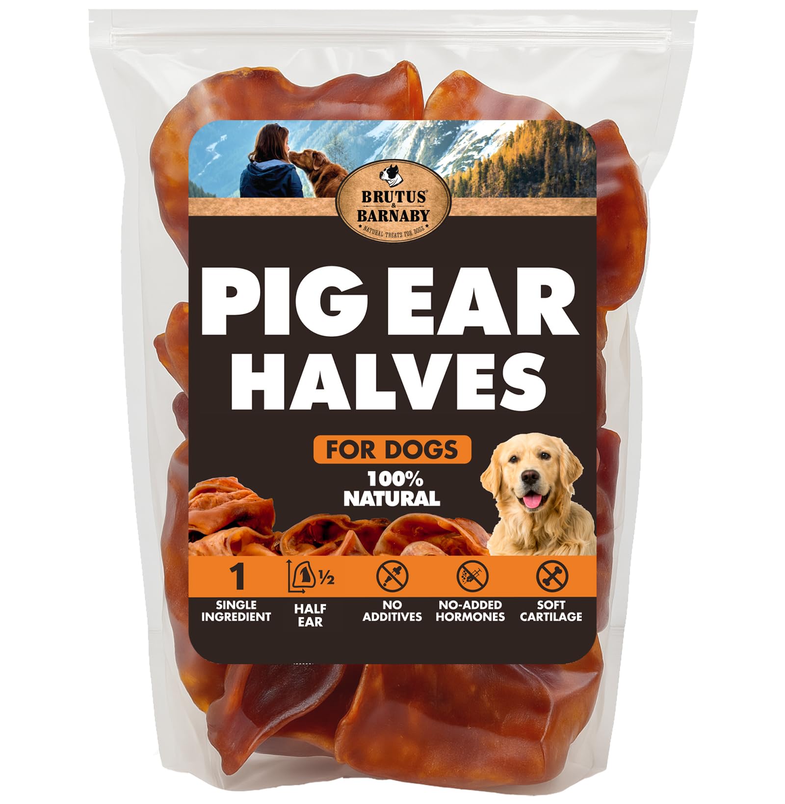 BRUTUS & BARNABY front packaging showing 15-count pig ear halves and benefit of natural treats