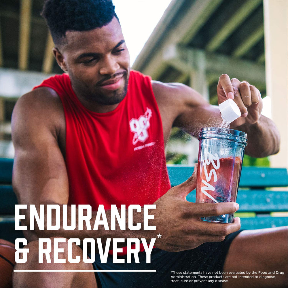BSN tub beside a water bottle for size and 30-serving scale