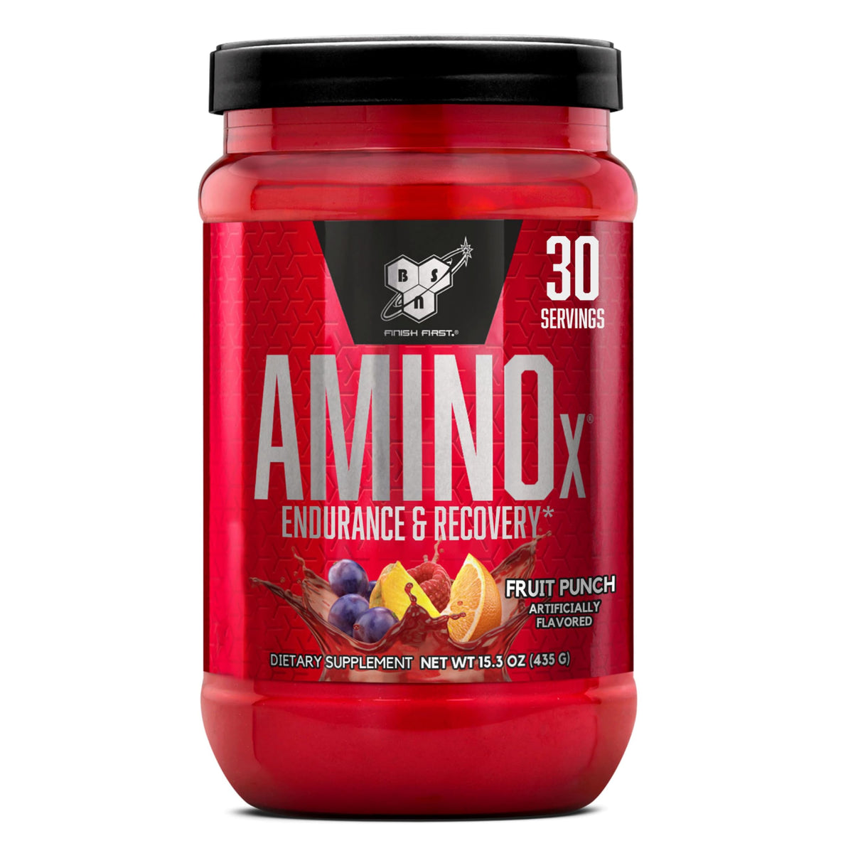 BSN AMINOx front packaging showing Fruit Punch flavor and 30 servings benefit