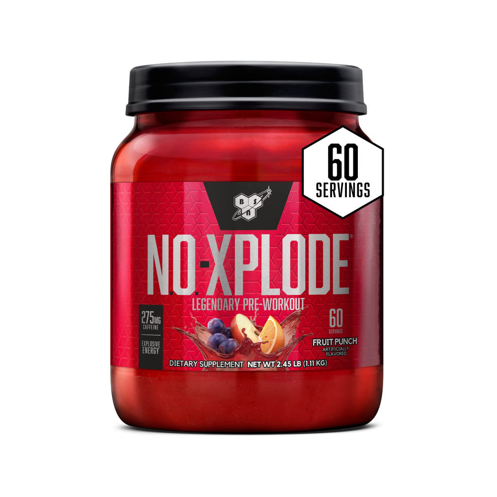 BSN N.O.-XPLODE front tub showing label and 60 servings benefit