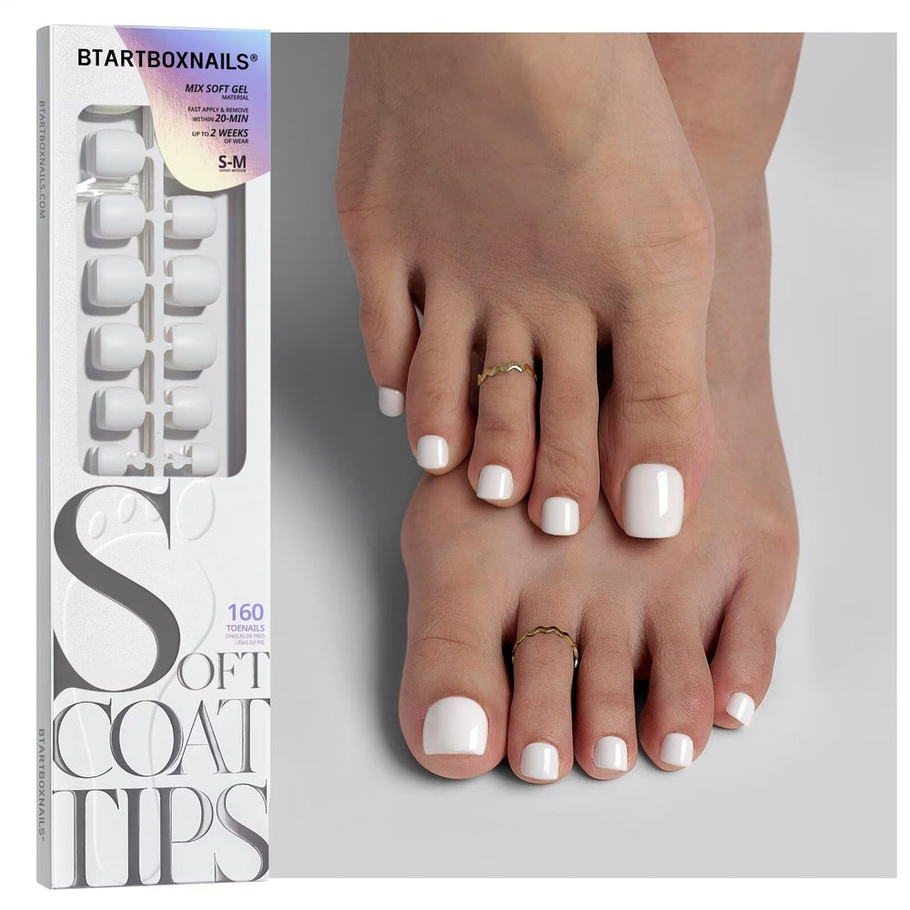 BTArtboxnails front packaging showing white short squoval press-on toes benefit fast selection