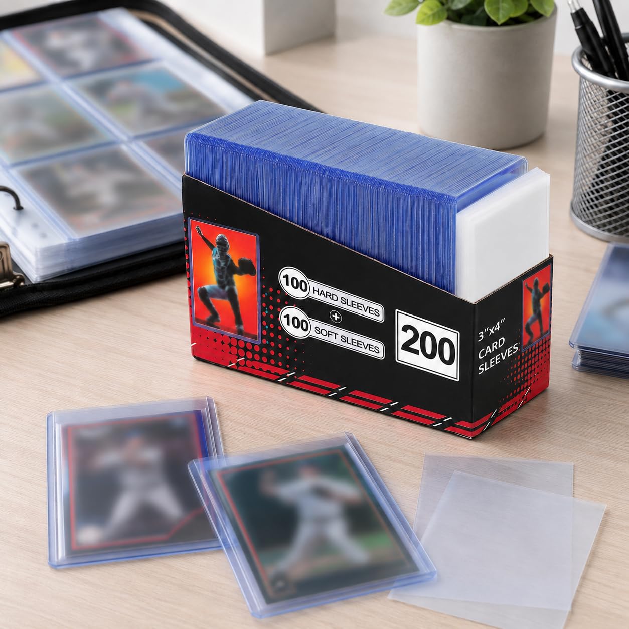 Btlwpy sleeved cards in a display setting showing neat presentation