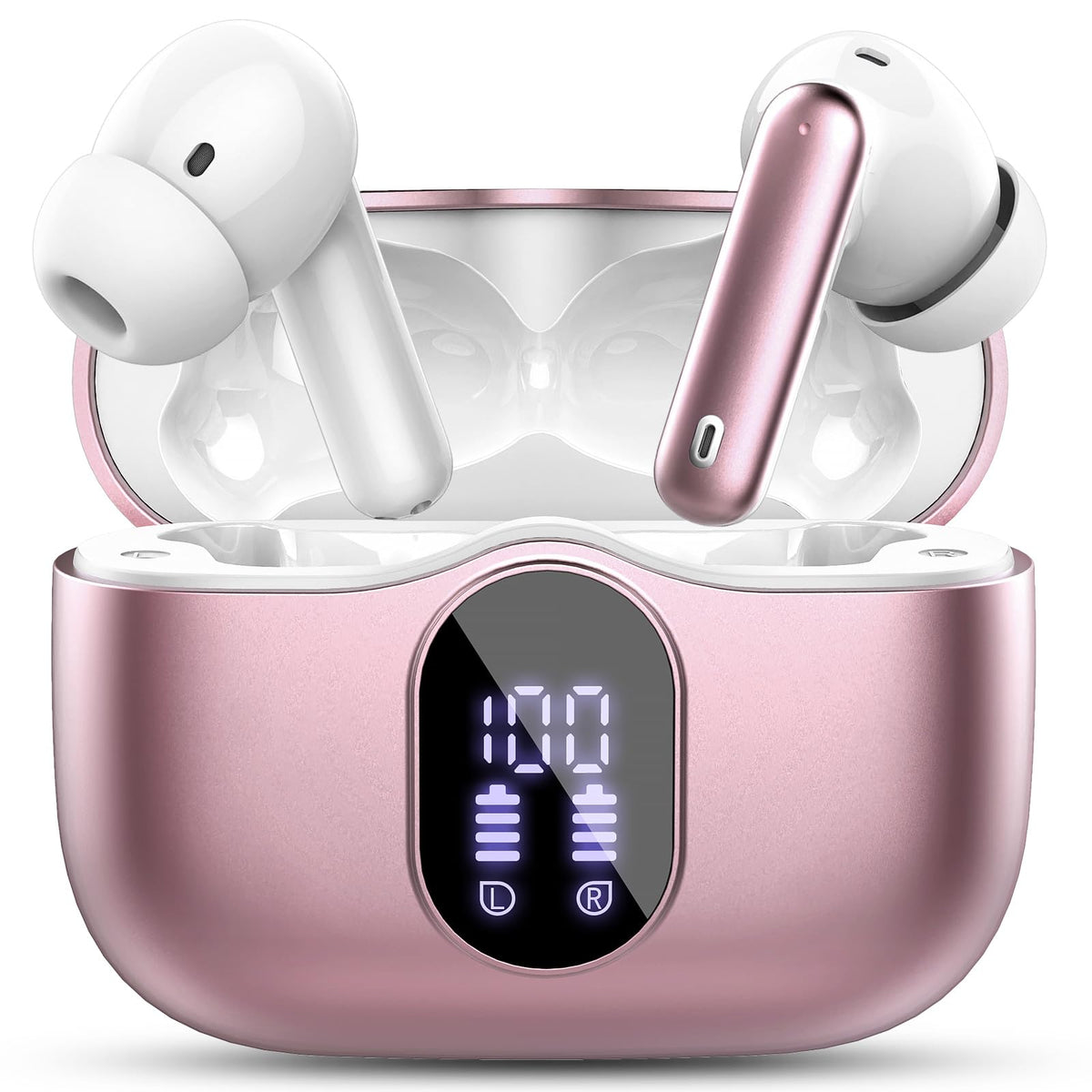 Btootos front packaging showing rose gold earbuds and benefits