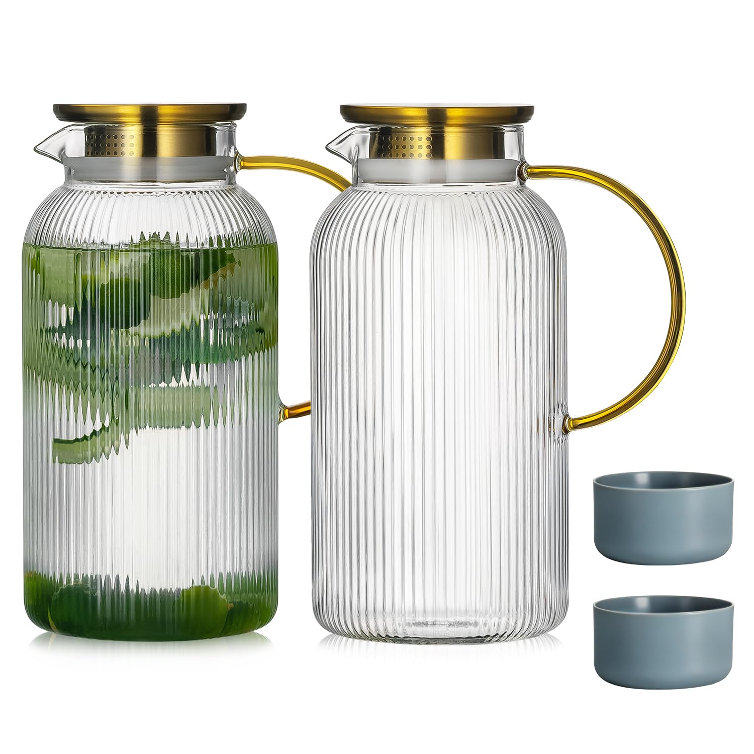 Buaic front view of two glass pitchers showing vertical stripes and clear capacity for elegant serving
