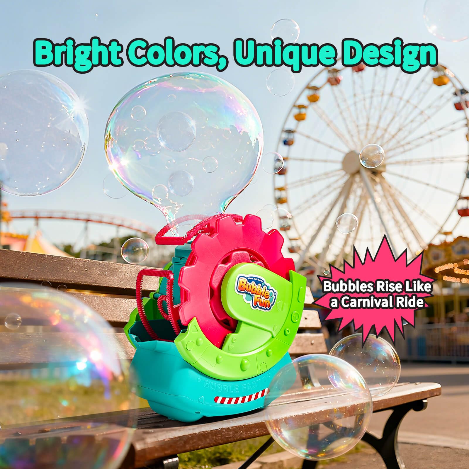Bubble Fun compact size beside a toy to show scale and easy storage