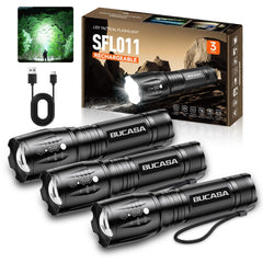 BUCASA front packaging showing three rechargeable flashlights and cables, ideal gift