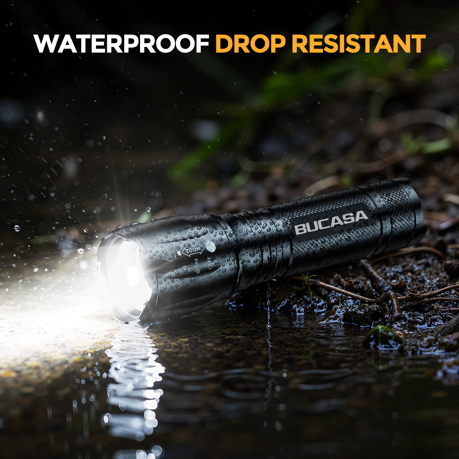 BUCASA flashlight held in hand to show compact size and easy carry