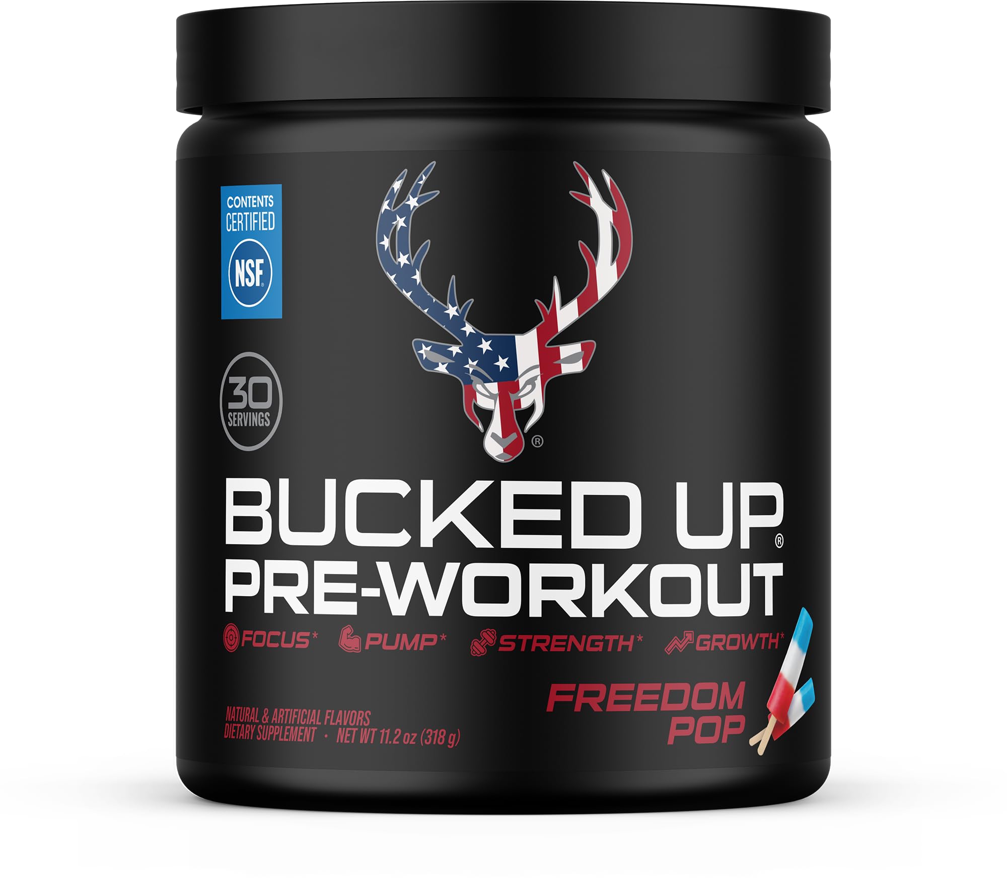 Bucked Up front packaging showing tub and flavor for easy identification and clarity