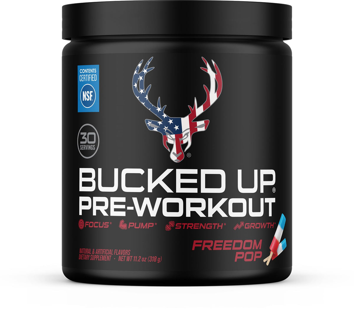 Bucked Up front packaging showing tub and flavor for easy identification and clarity