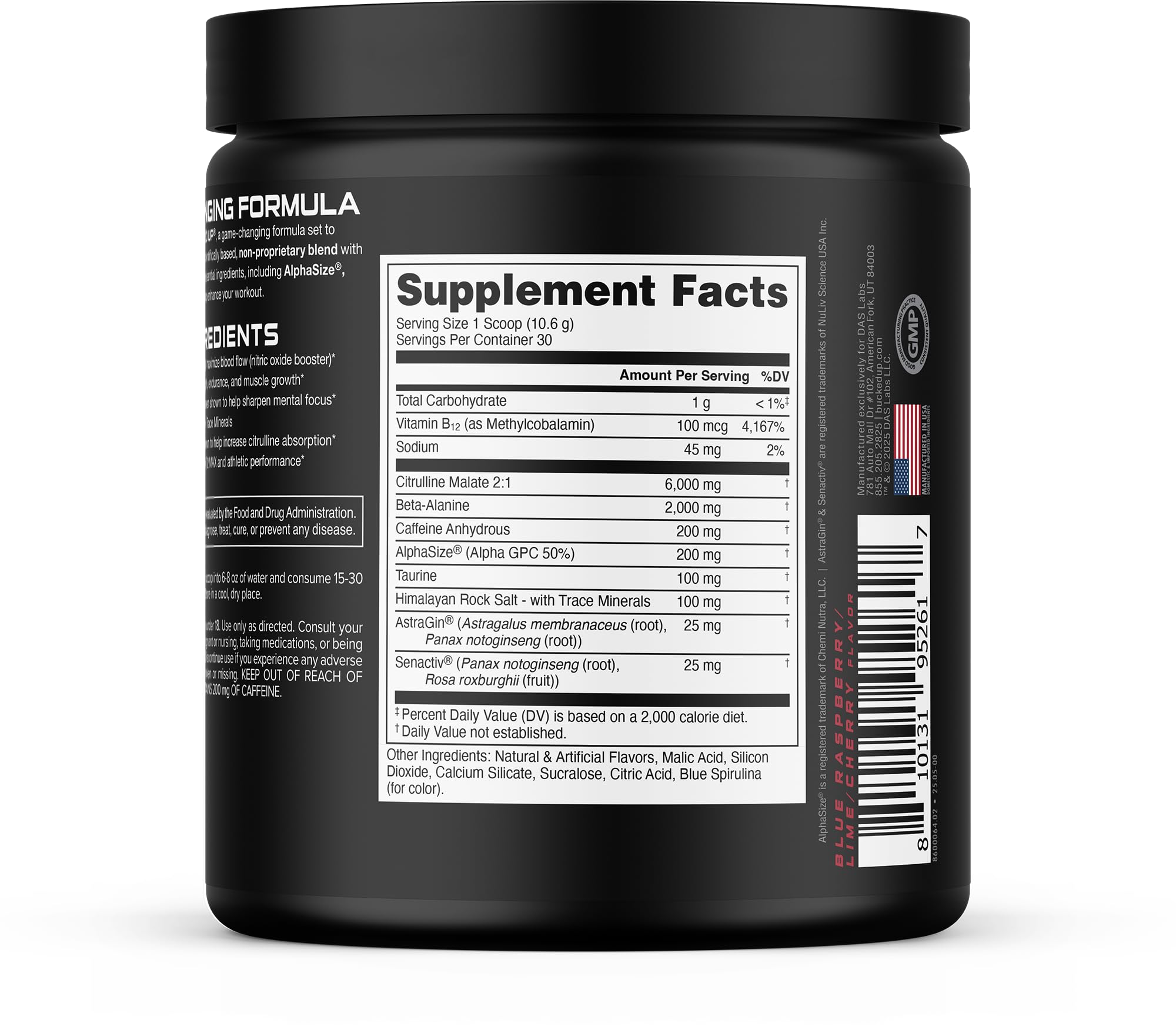 Bucked Up tub beside 30 scoops visualizing month-long serving supply
