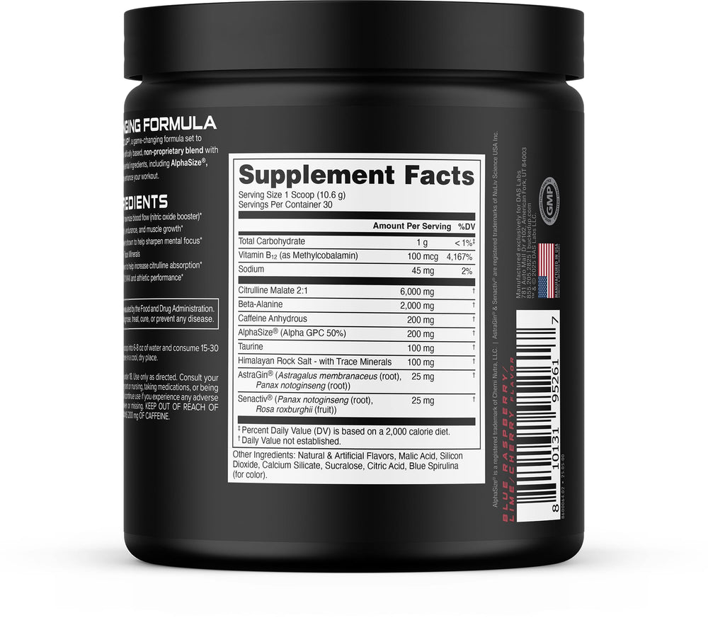 Bucked Up tub beside 30 scoops visualizing month-long serving supply
