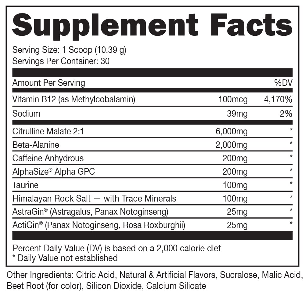 Bucked Up Red Raz back label with nutrition facts and ingredient doses for transparency benefit