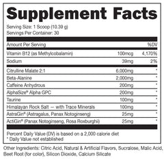 Bucked Up Red Raz back label with nutrition facts and ingredient doses for transparency benefit