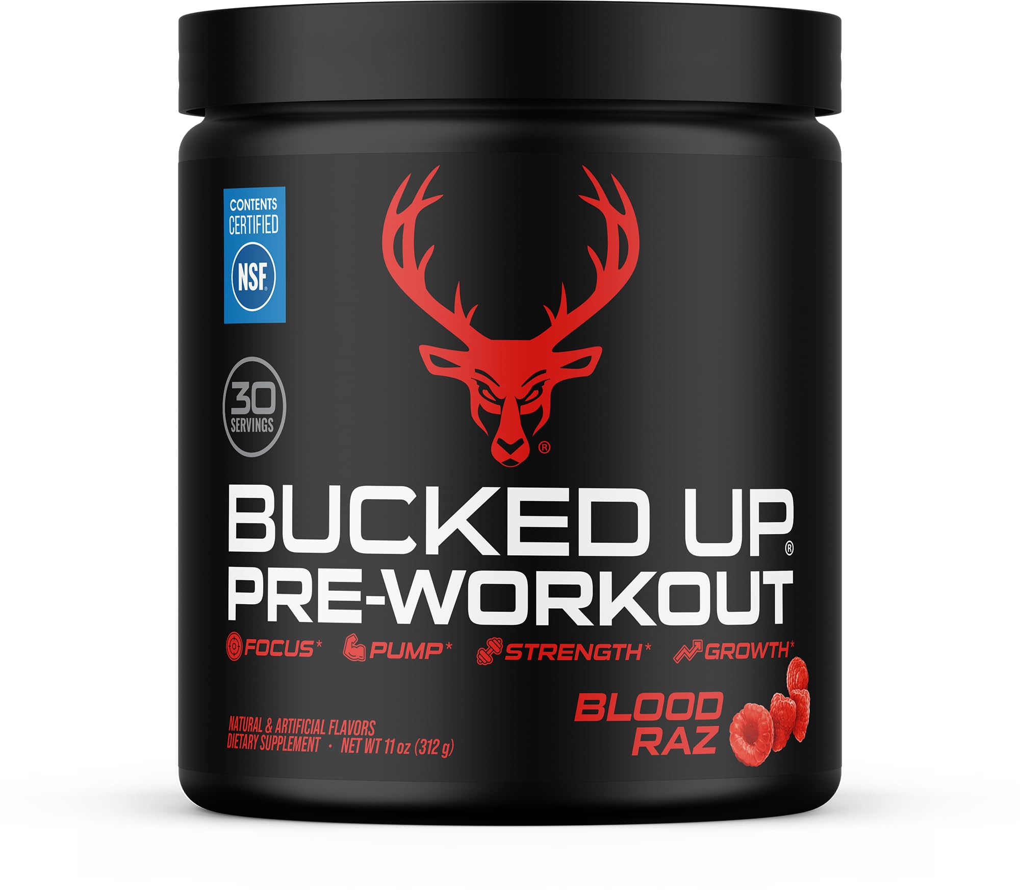 Bucked Up Red Raz front canister showing branding and flavor for clear product recognition