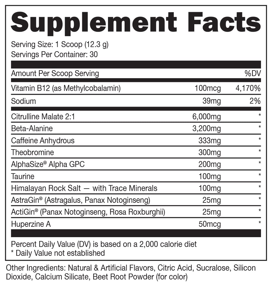 Bucked Up bottle with ingredients label showing transparent dosing and formulation