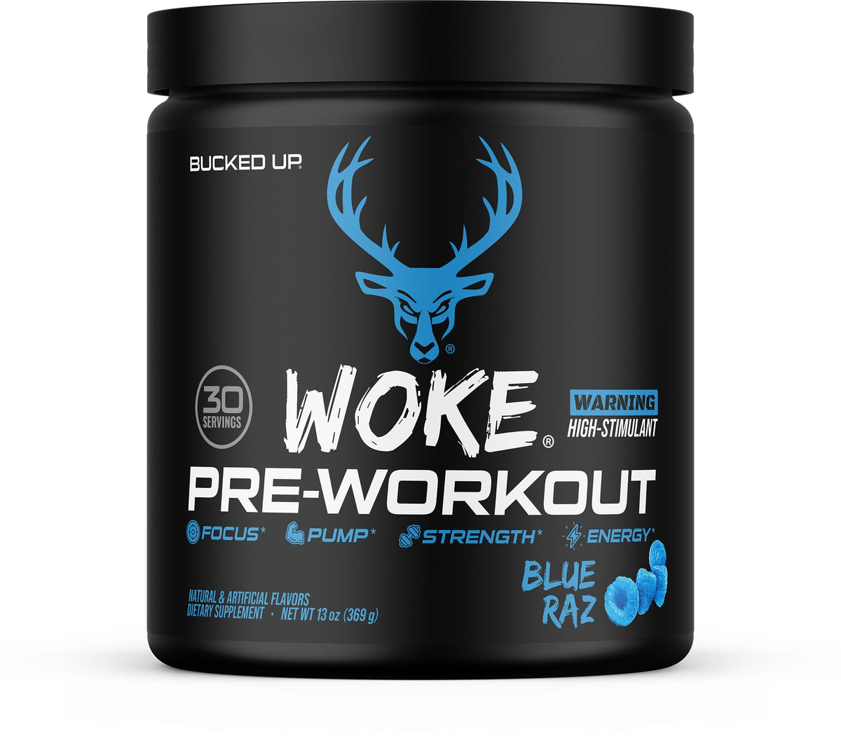Bucked Up Woke front can showing Blue Raspberry flavor and energetic branding