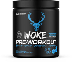 Bucked Up Woke front can showing Blue Raspberry flavor and energetic branding