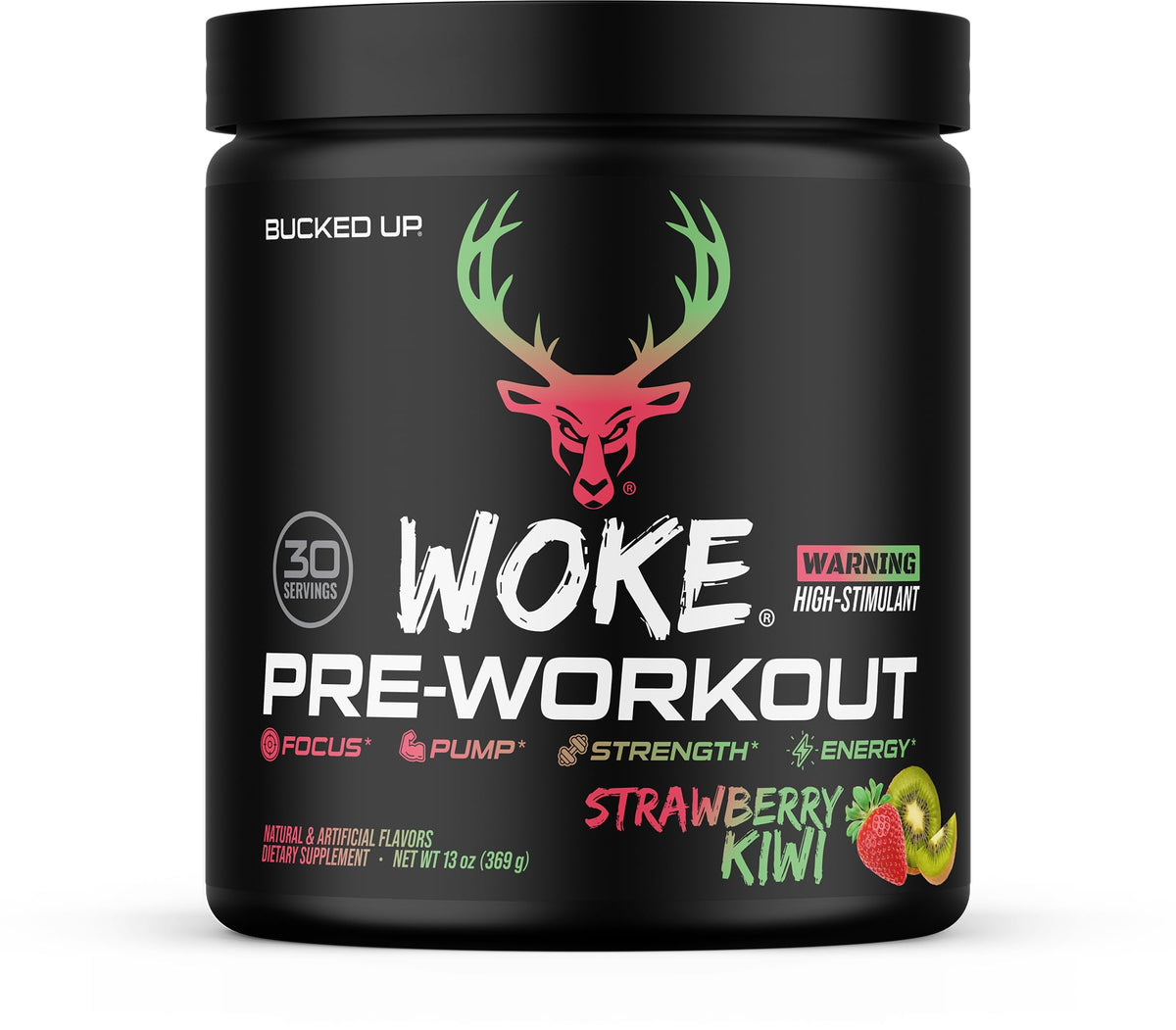 Bucked Up front label showing strawberry kiwi flavor and high-stim benefits