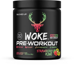 Bucked Up front label showing strawberry kiwi flavor and high-stim benefits