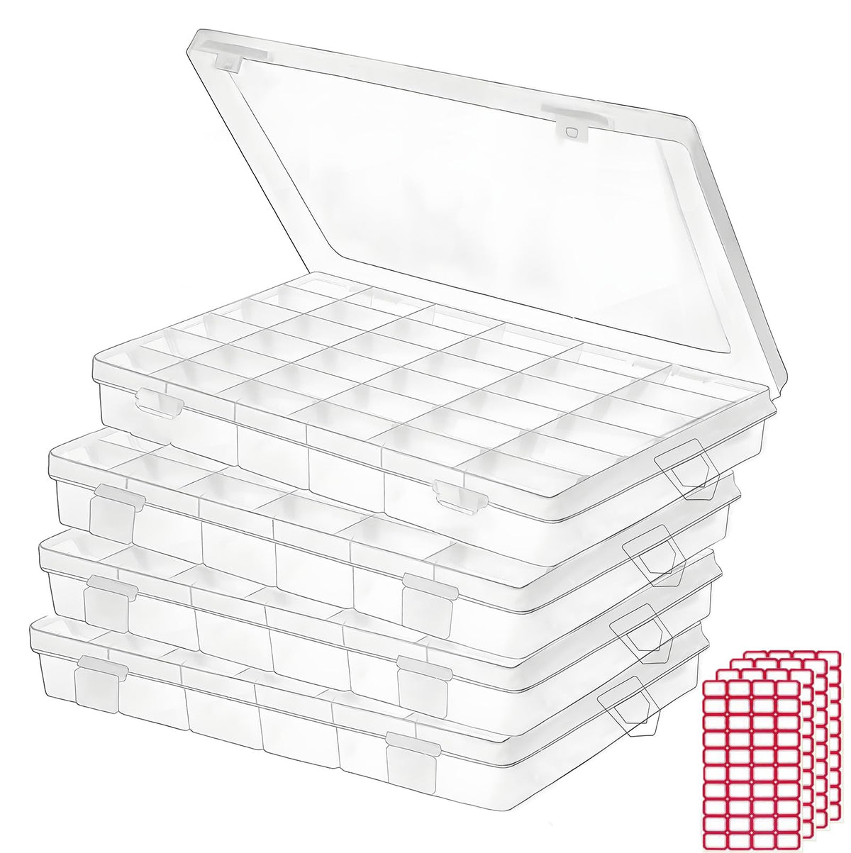 Budreu clear organizer front view showing stacked boxes and compact storage benefit