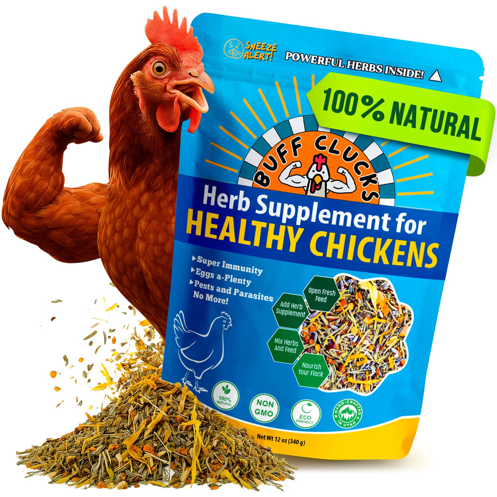 Buff Clucks front packaging showing 12 oz bag and clear labeling benefit: convenient supplement