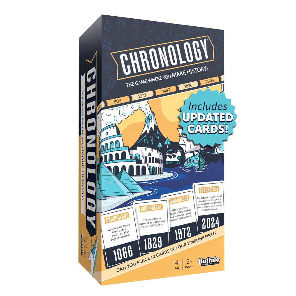 Buffalo Games Chronology front box showing title and age range, clear packaging benefit