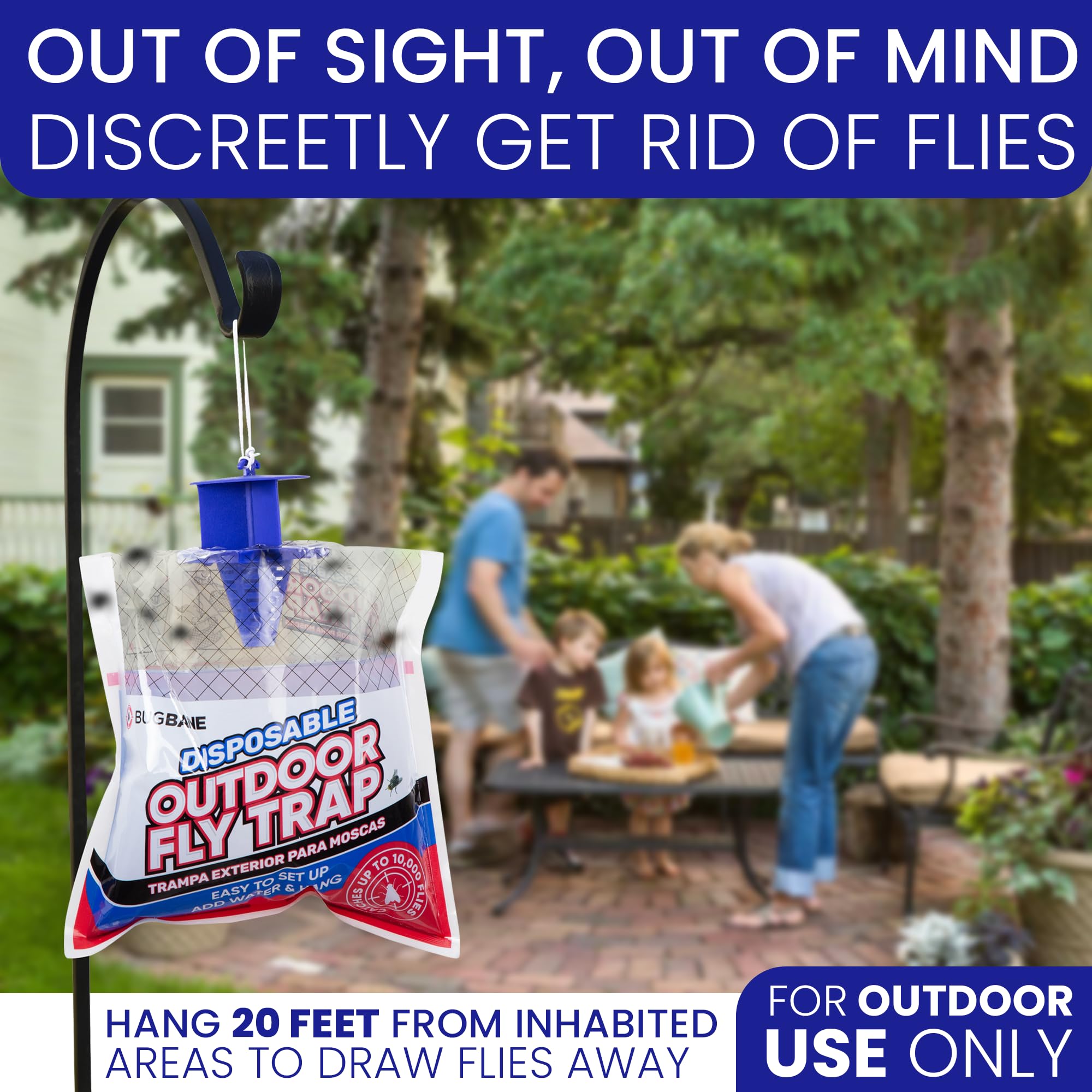 BugBane trap hung near trash can pulling flies away from home