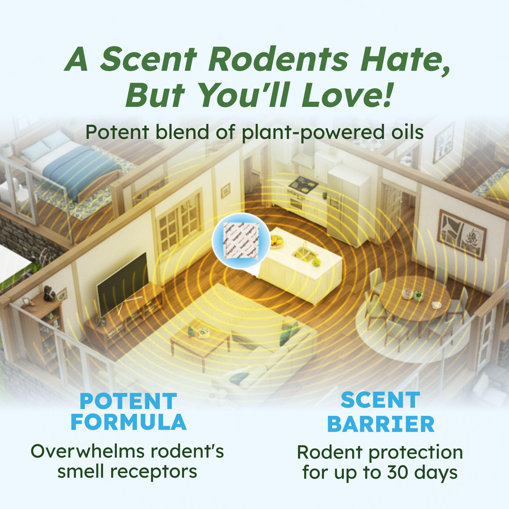 BugMD open pouch revealing herbal blend and natural oils for plant-based rodent deterrence