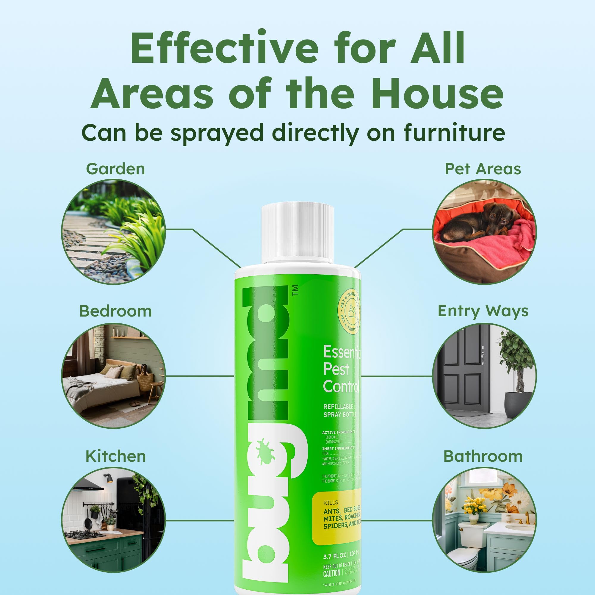 BugMD spray bottle in hand applying to baseboard for quick control