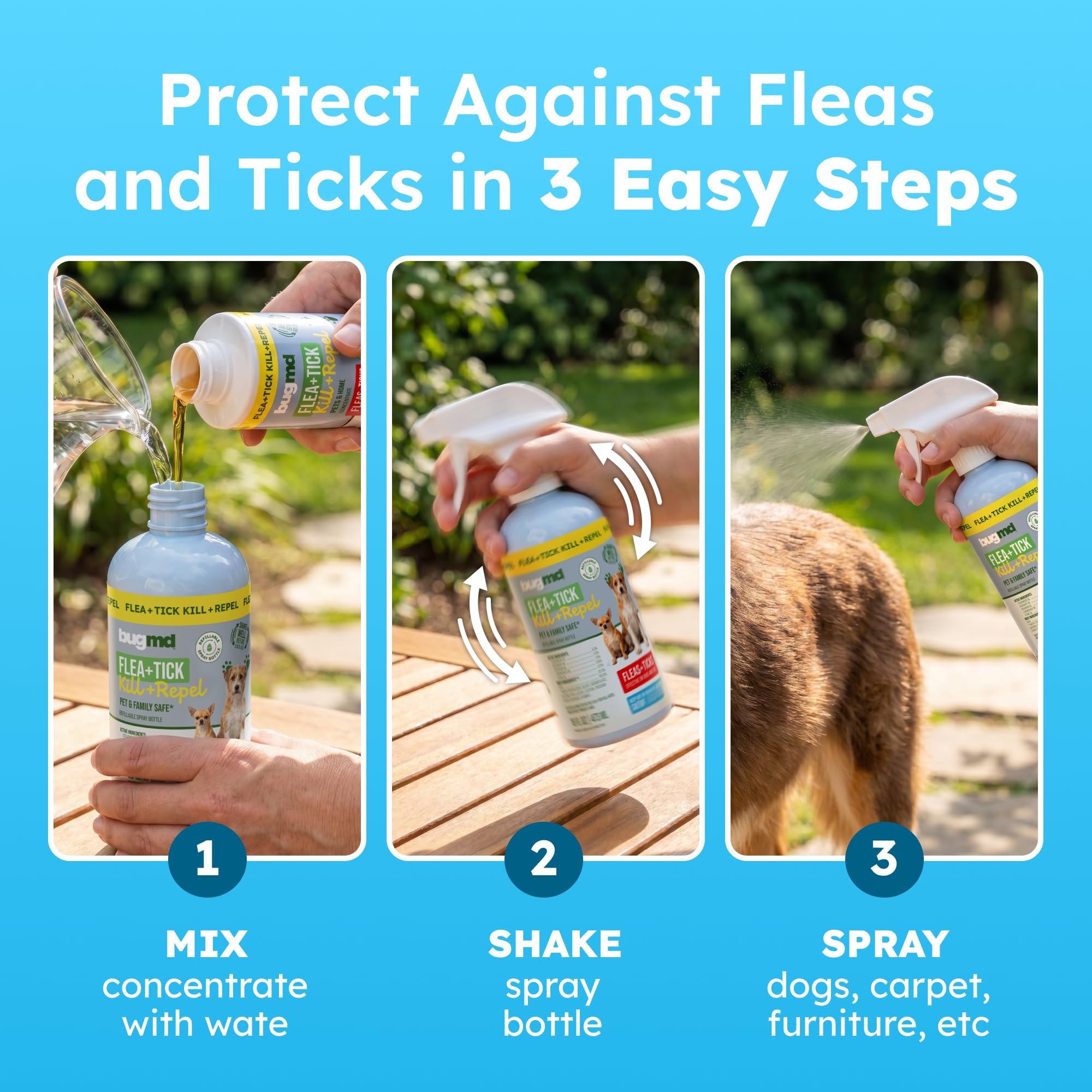 BugMD being sprayed on a dog for fast knockdown of fleas