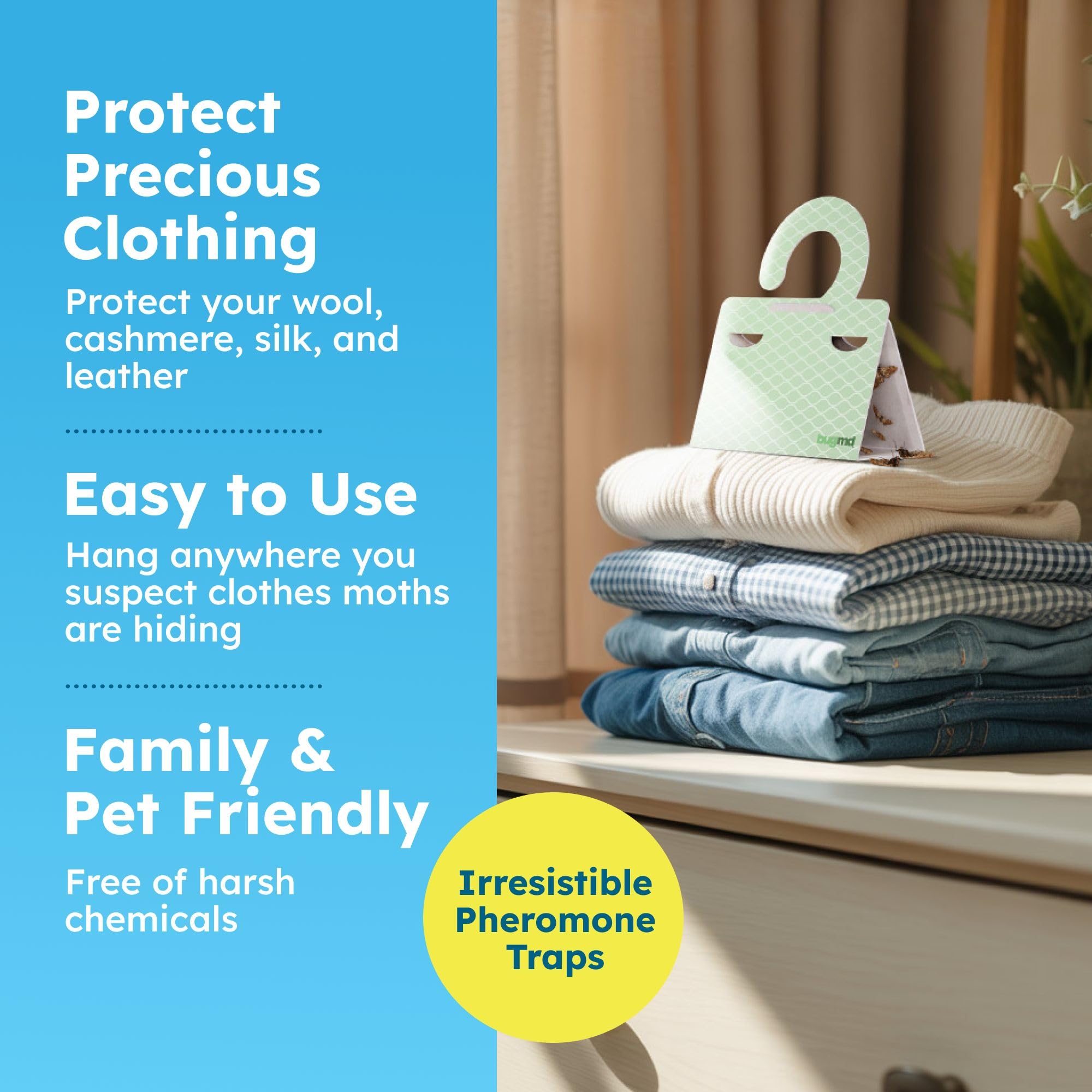 BugMD trap placed in a closet among hangers to protect clothing