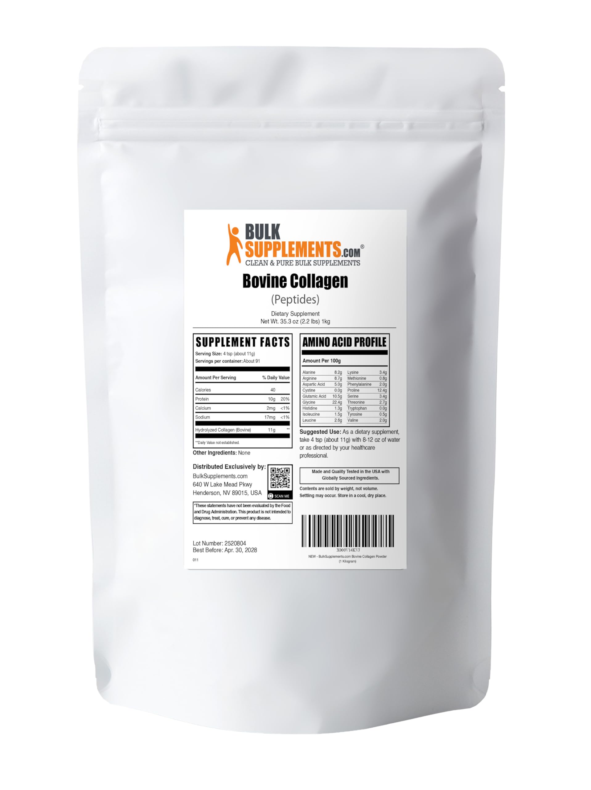 BulkSupplements 1 kg pouch beside a measuring cup showing size and serving quantity