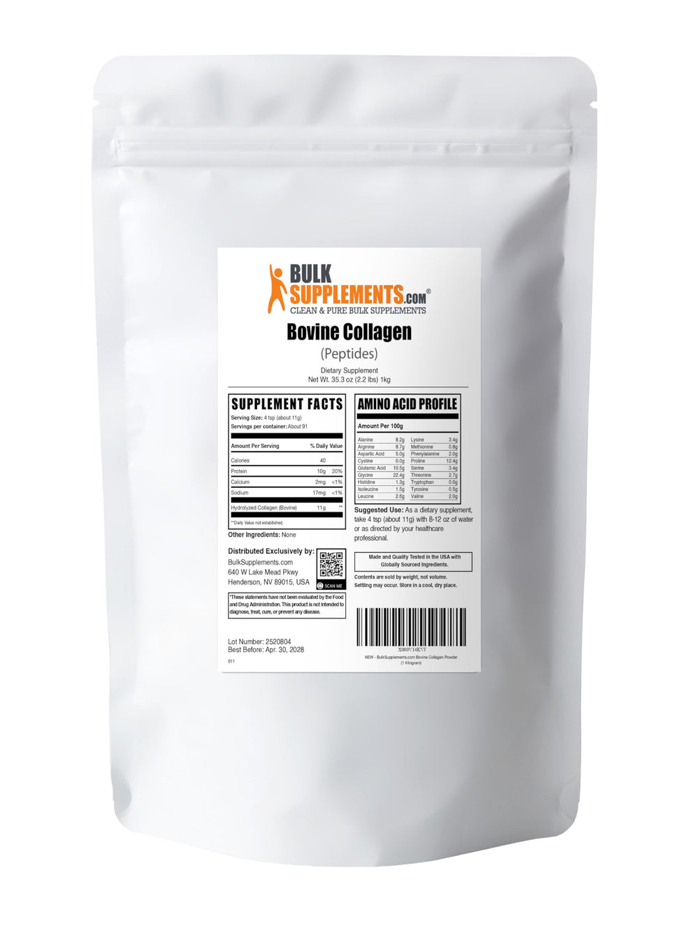 BulkSupplements 1 kg pouch beside a measuring cup showing size and serving quantity