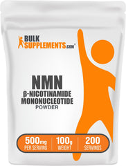 BulkSupplements NMN powder pouch front view showing label and pure ingredient benefit