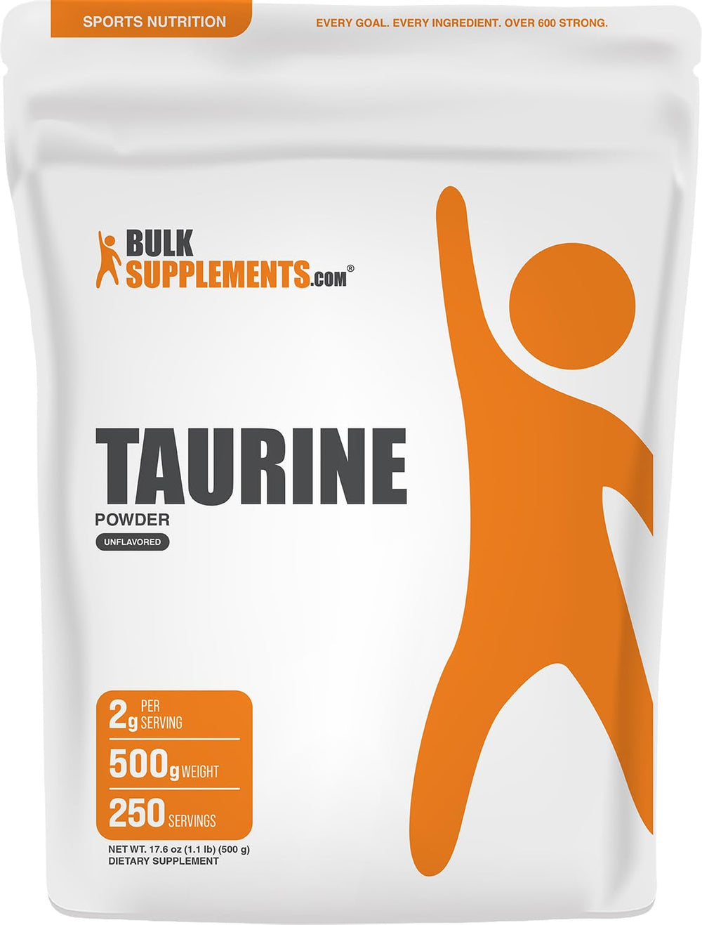 BulkSupplements front label showing taurine powder tub and clear product information for trust