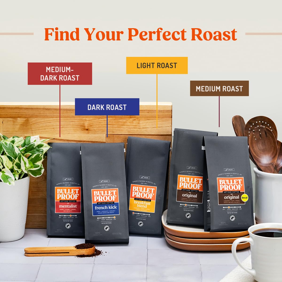 Bulletproof open bag with spoon of grounds, emphasizes freshness and easy scooping