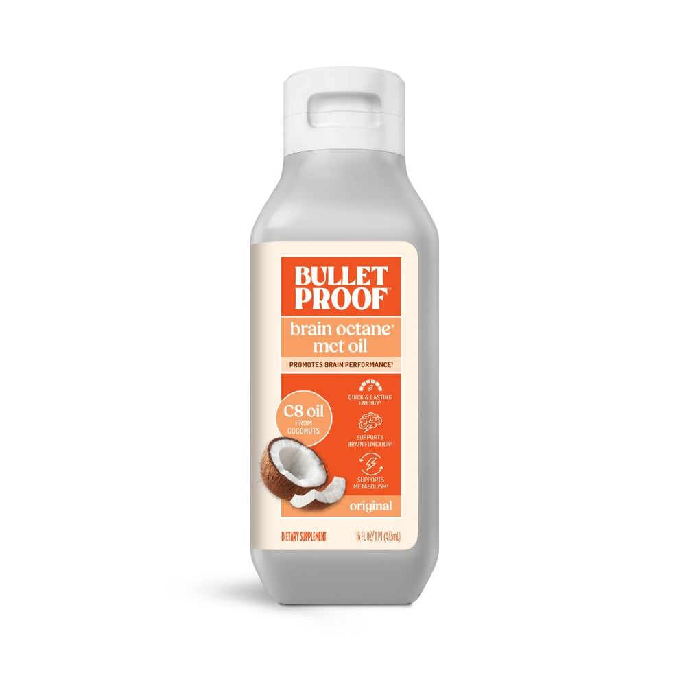 Bulletproof Brain Octane front packaging showing bottle and label benefit rapid energy