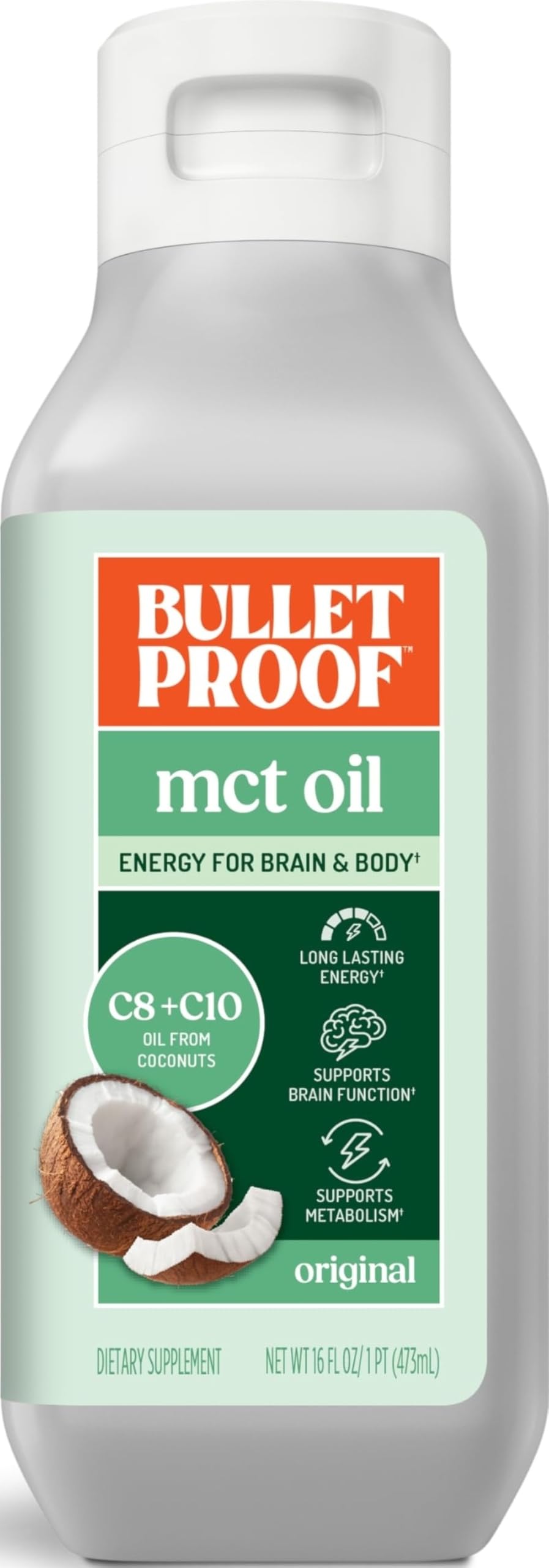 Bulletproof bottle front label showing C8 & C10 MCT Oil for fast energy