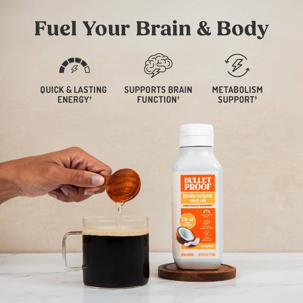Bulletproof C8 oil side label close-up highlighting purity and non-GMO benefit