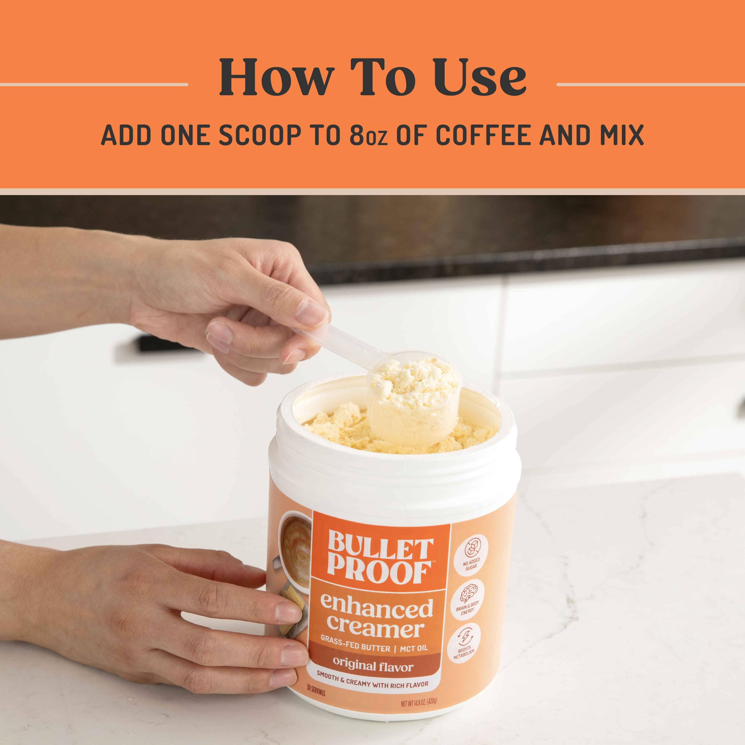 Bulletproof creamer in modern kitchen scene suggesting daily convenience and lifestyle fit