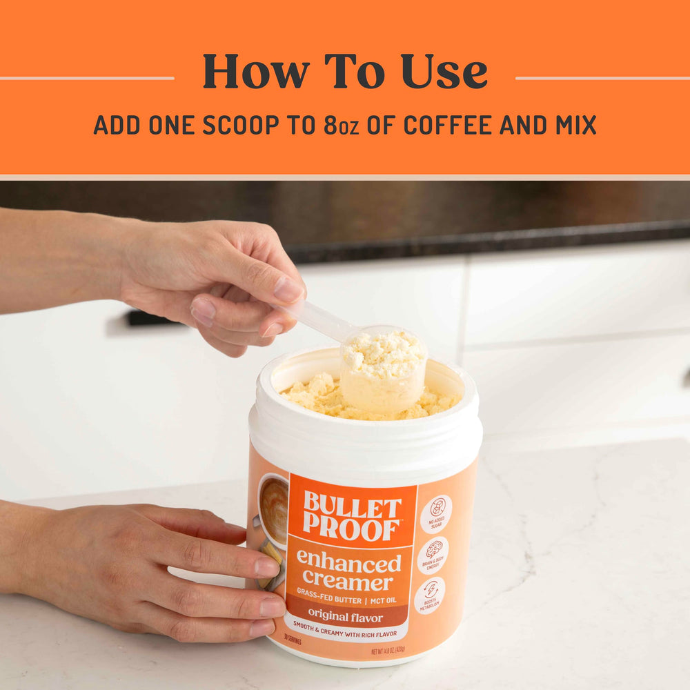 Bulletproof creamer in modern kitchen scene suggesting daily convenience and lifestyle fit