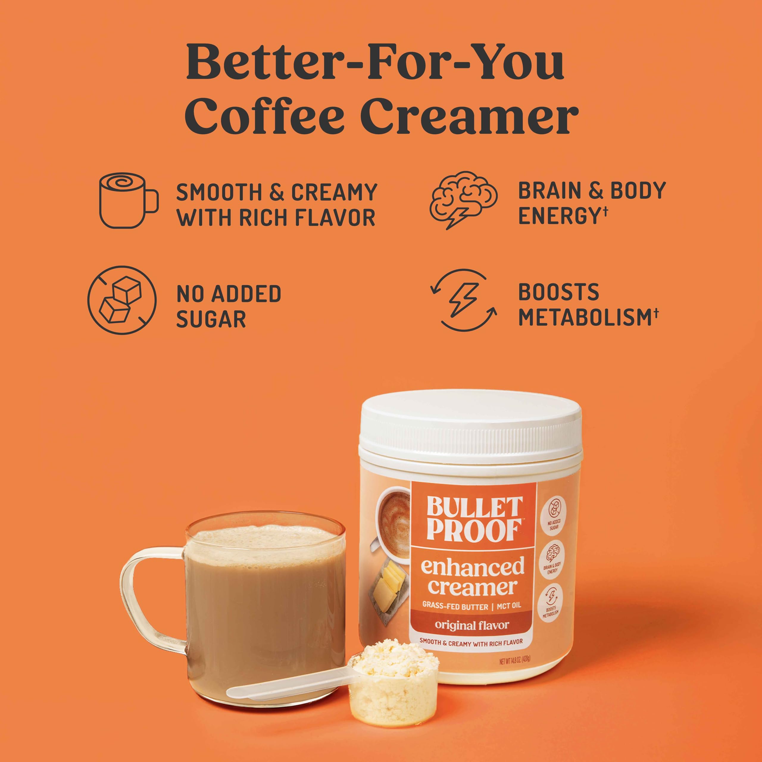 Bulletproof creamer scoop on spoon demonstrating easy measuring for consistent servings