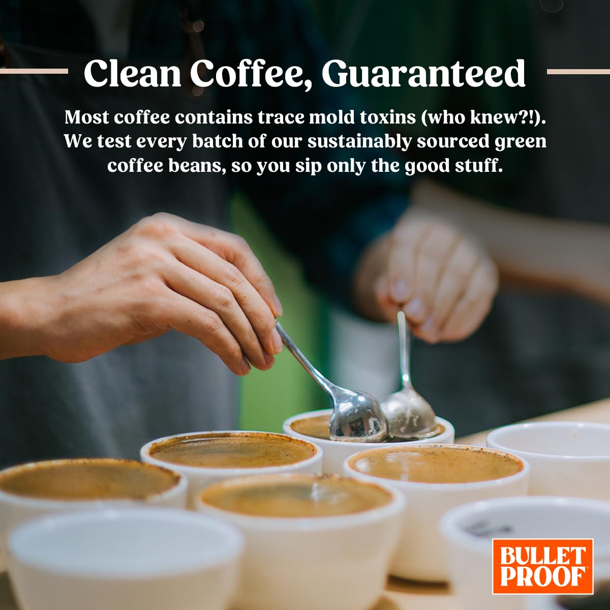 Bulletproof French Kick brewed cup in lifestyle setting showcasing smoky chocolate notes