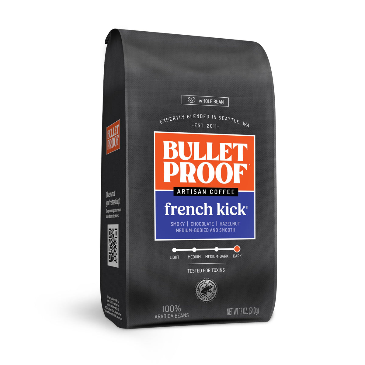Bulletproof French Kick front packaging showing bold roast and 12 oz benefit