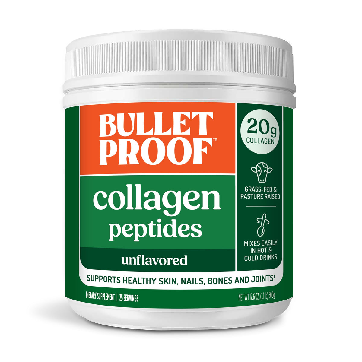 Bulletproof front packaging jar showing label and net weight, clear product benefit