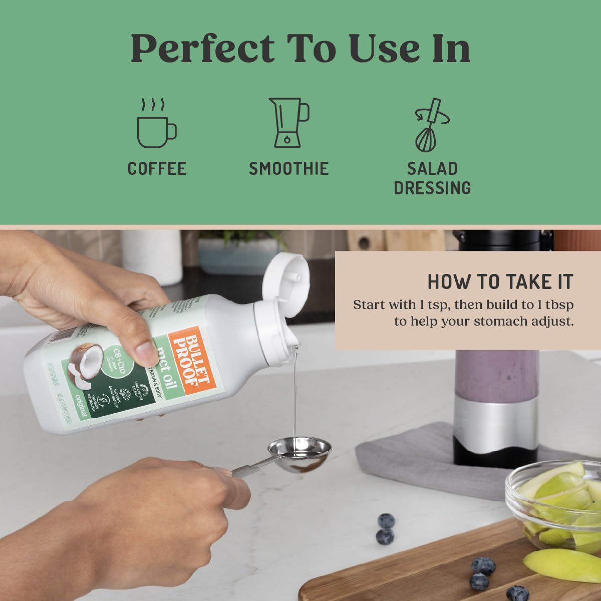 Bulletproof 16 oz bottle next to a kitchen scale illustrating size