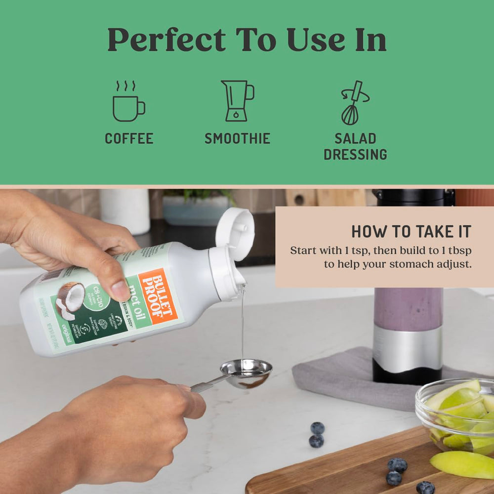 Bulletproof 16 oz bottle next to a kitchen scale illustrating size